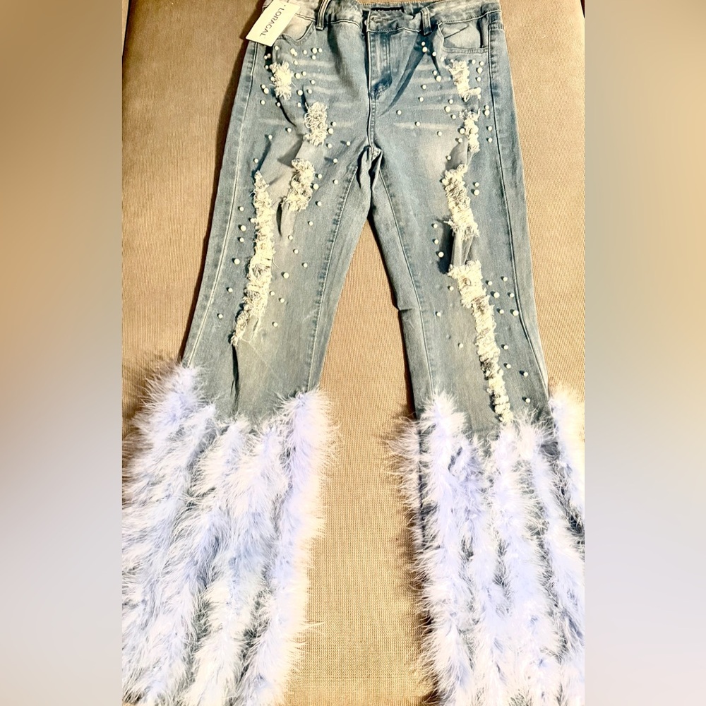 Chic Distressed Blue Jeans with Feather Detail and Pearl Embellishment